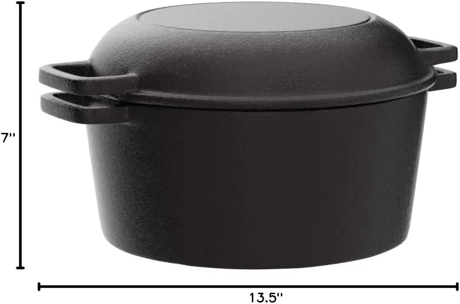 Bruntmor 2-in-1 Pre-Seasoned Cast Iron Dutch Oven with Handles - Crock Pot Black Cast Iron Pot with Skillet lid - All-in-One Cookware Braising Pan for Casserole Dish - 5 Quart - Black