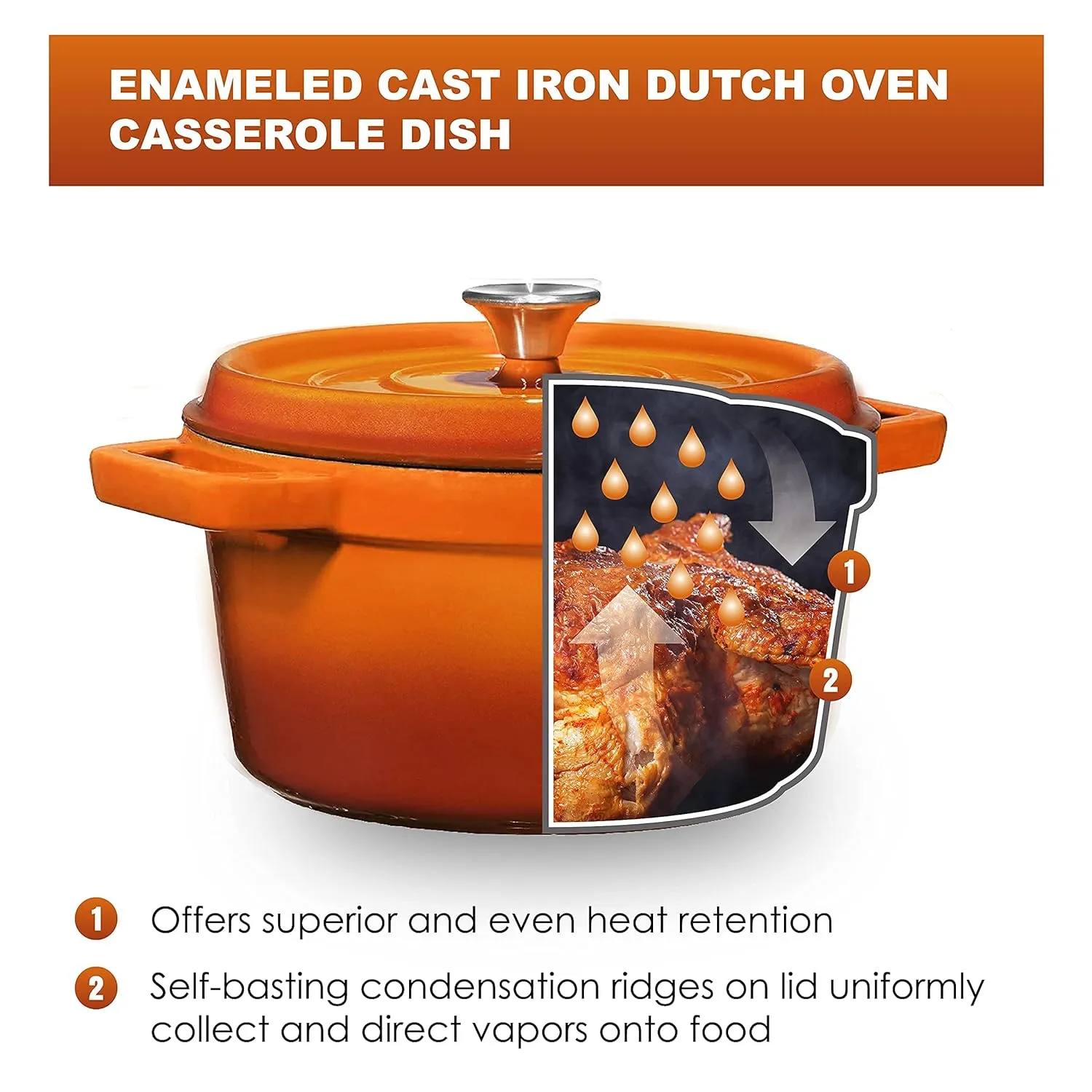 Bruntmor Pre-Seasoned 5.2 qt Enameled Cast Iron Round Dutch Ovens, 5.2 Quart Enameled Cast Iron Dutch Oven Pot With Lid and Handle, Heavy Duty Casserole Dish, Hand Wash Only, Pumpkin Spice