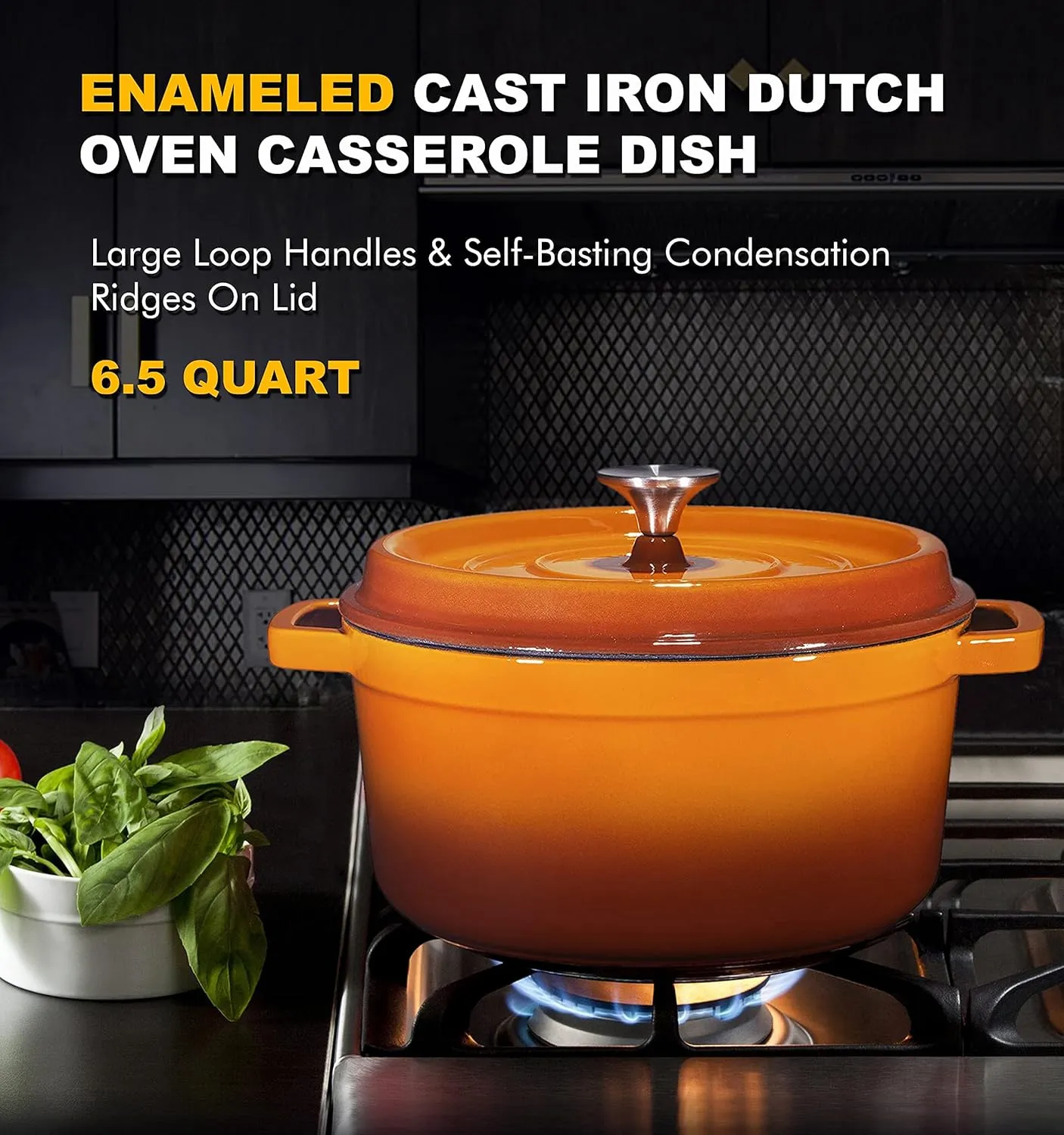 Bruntmor Pre-Seasoned 5.2 qt Enameled Cast Iron Round Dutch Ovens, 5.2 Quart Enameled Cast Iron Dutch Oven Pot With Lid and Handle, Heavy Duty Casserole Dish, Hand Wash Only, Pumpkin Spice
