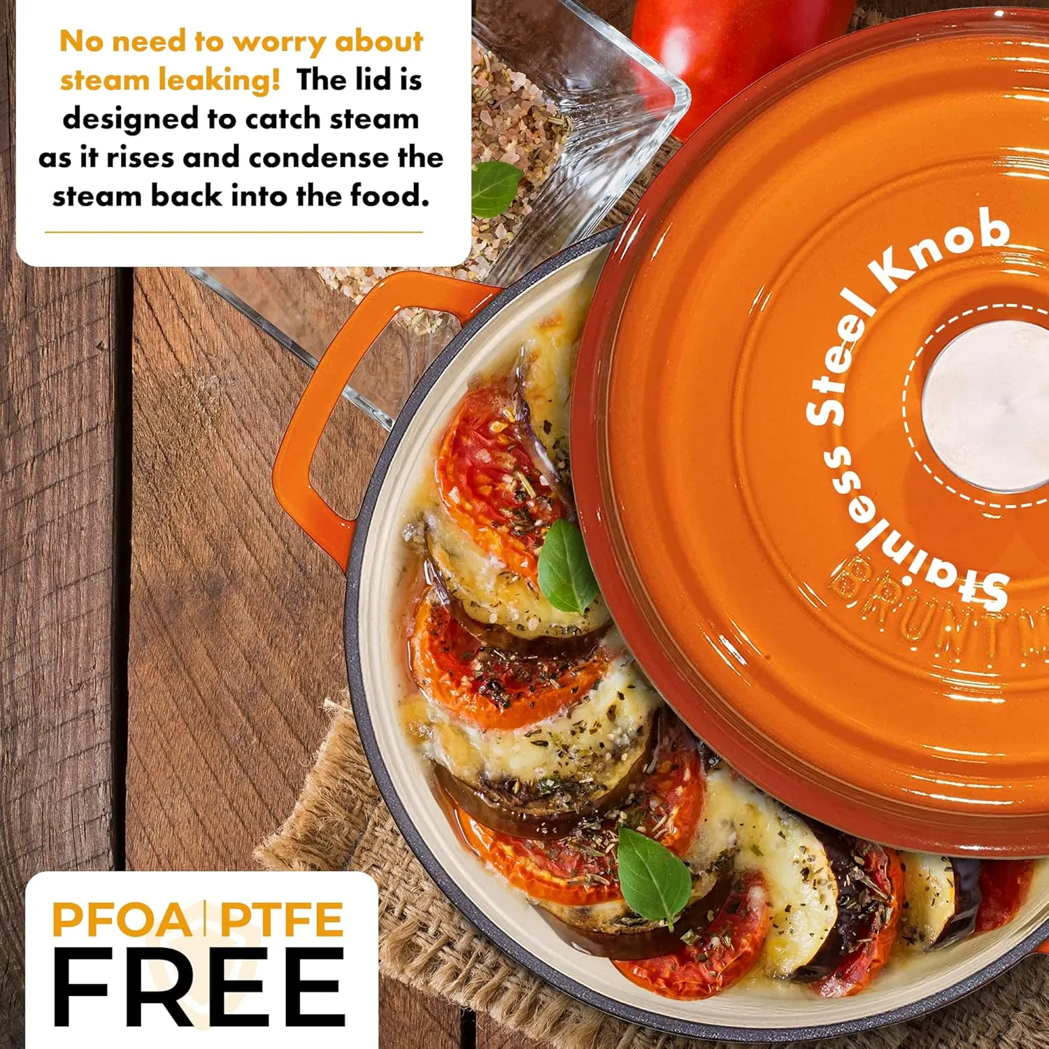 Bruntmor Pre-Seasoned 5.2 qt Enameled Cast Iron Round Dutch Ovens, 5.2 Quart Enameled Cast Iron Dutch Oven Pot With Lid and Handle, Heavy Duty Casserole Dish, Hand Wash Only, Pumpkin Spice