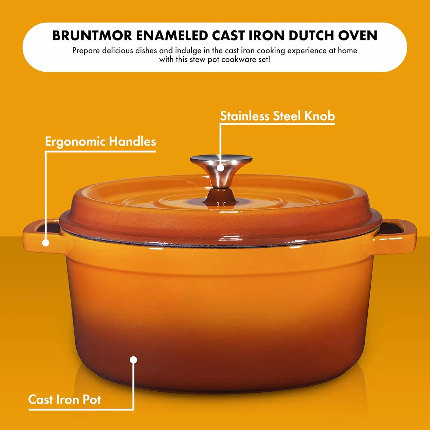 Bruntmor Pre-Seasoned 5.2 qt Enameled Cast Iron Round Dutch Ovens, 5.2 Quart Enameled Cast Iron Dutch Oven Pot With Lid and Handle, Heavy Duty Casserole Dish, Hand Wash Only, Pumpkin Spice