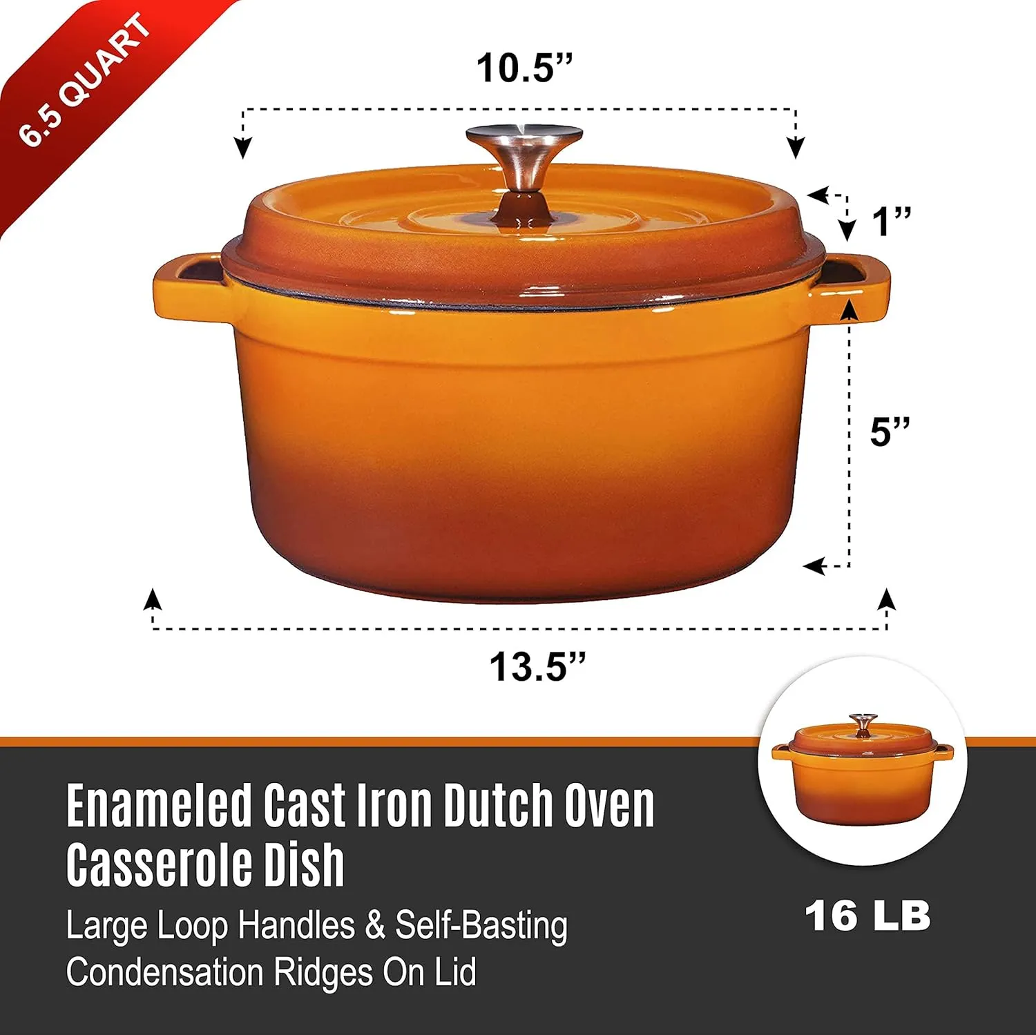 Bruntmor Pre-Seasoned 5.2 qt Enameled Cast Iron Round Dutch Ovens, 5.2 Quart Enameled Cast Iron Dutch Oven Pot With Lid and Handle, Heavy Duty Casserole Dish, Hand Wash Only, Pumpkin Spice