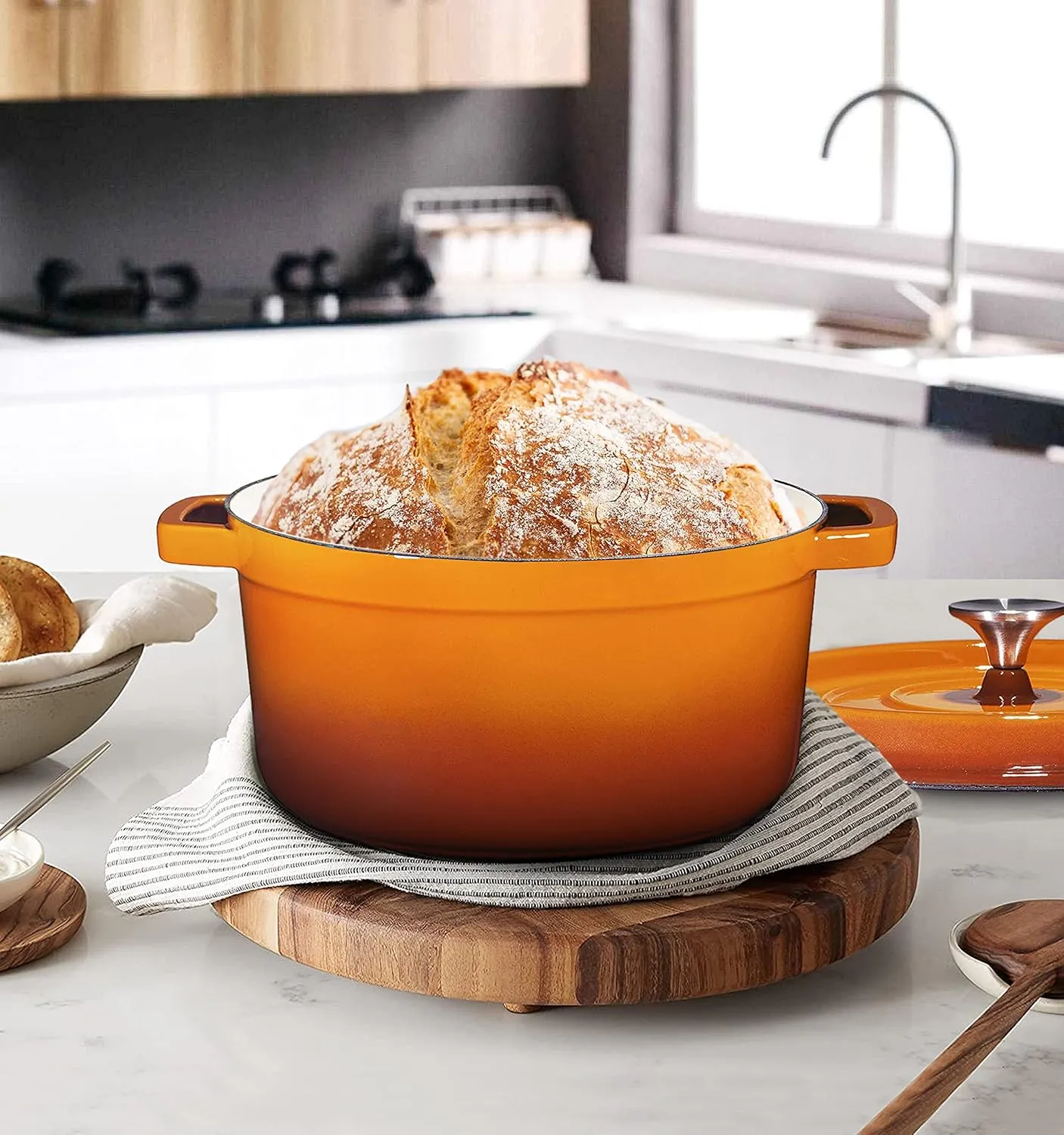 Bruntmor Pre-Seasoned 5.2 qt Enameled Cast Iron Round Dutch Ovens, 5.2 Quart Enameled Cast Iron Dutch Oven Pot With Lid and Handle, Heavy Duty Casserole Dish, Hand Wash Only, Pumpkin Spice