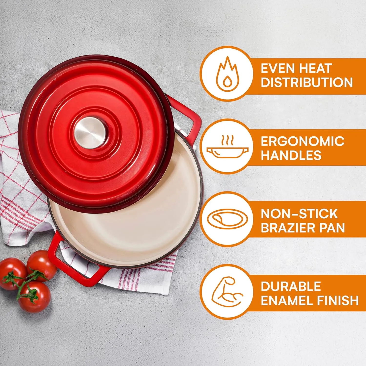 Bruntmor Pre-Seasoned Enameled Cast Iron Dutch Oven with Lid and Handle - 5.2 Quart Heavy Duty Casserole Dish for Cooking, Baking, and Braising - Oven Safe, Durable, Round Cast Iron Cooking Pot - Red