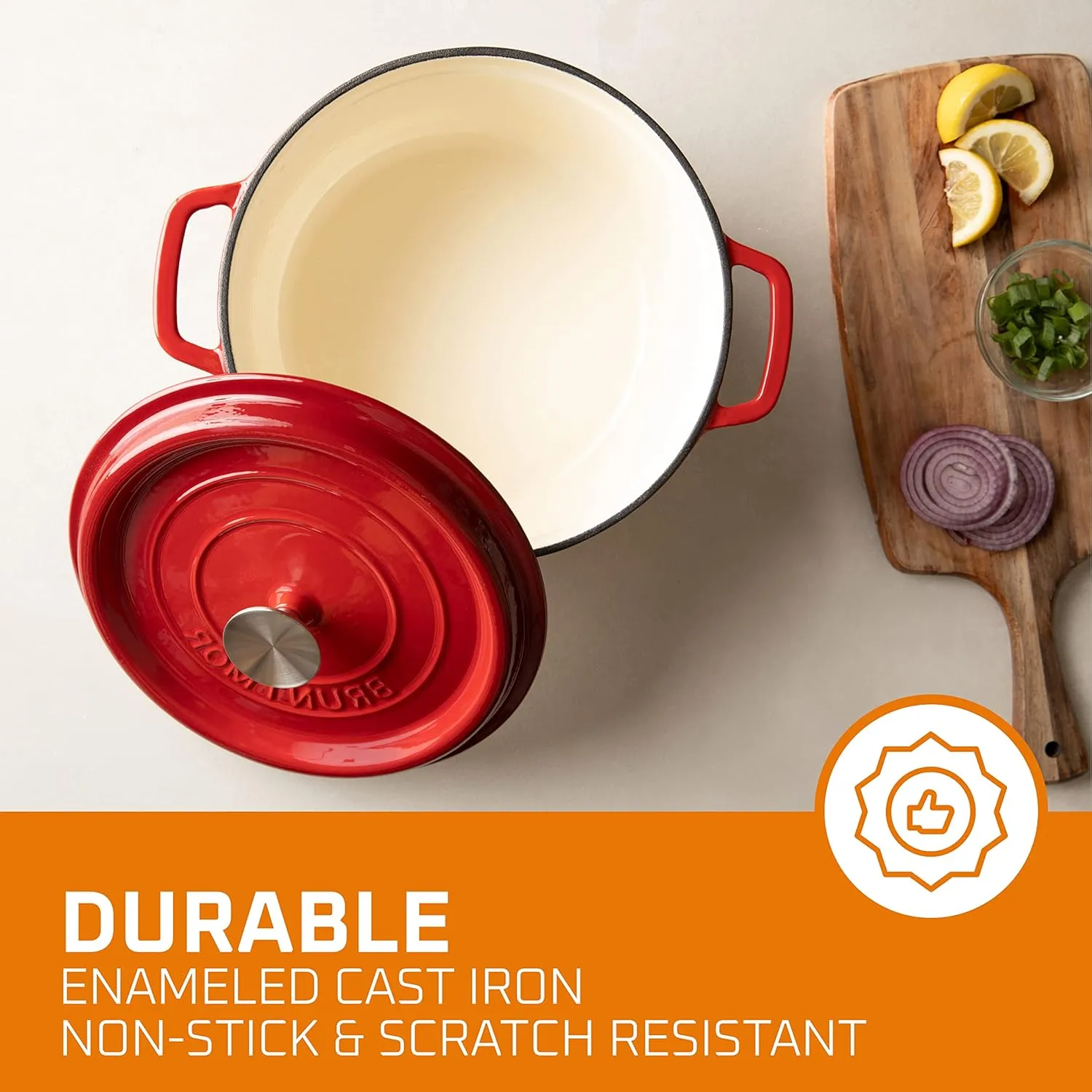 Bruntmor Pre-Seasoned Enameled Cast Iron Dutch Oven with Lid and Handle - 5.2 Quart Heavy Duty Casserole Dish for Cooking, Baking, and Braising - Oven Safe, Durable, Round Cast Iron Cooking Pot - Red