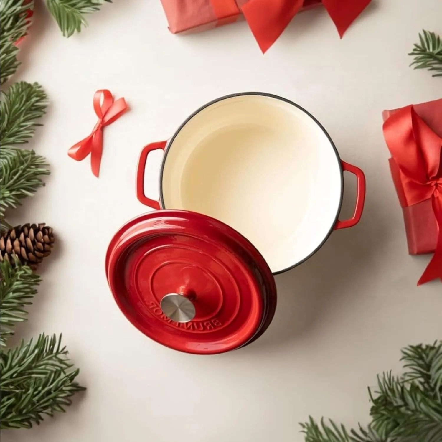 Bruntmor Pre-Seasoned Enameled Cast Iron Dutch Oven with Lid and Handle - 5.2 Quart Heavy Duty Casserole Dish for Cooking, Baking, and Braising - Oven Safe, Durable, Round Cast Iron Cooking Pot - Red