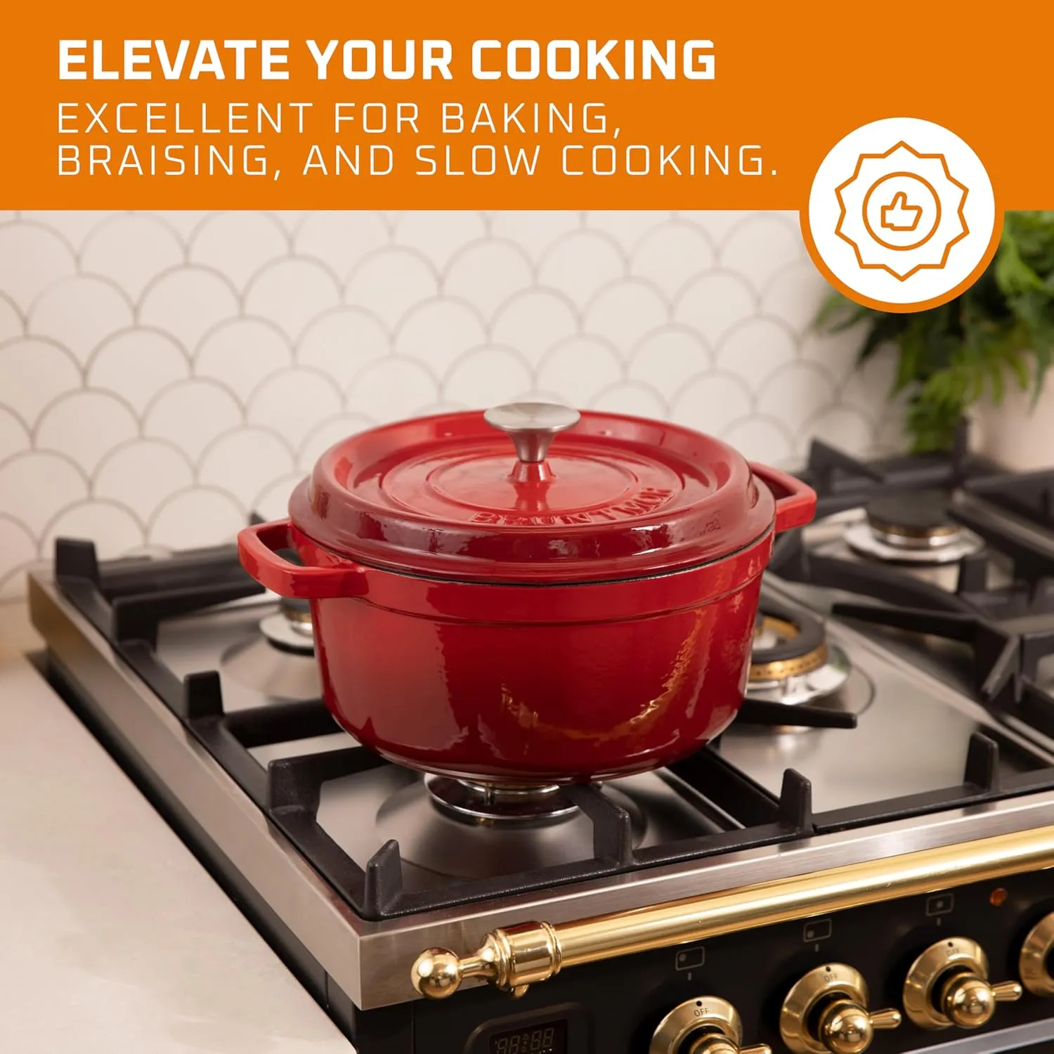 Bruntmor Pre-Seasoned Enameled Cast Iron Dutch Oven with Lid and Handle - 5.2 Quart Heavy Duty Casserole Dish for Cooking, Baking, and Braising - Oven Safe, Durable, Round Cast Iron Cooking Pot - Red