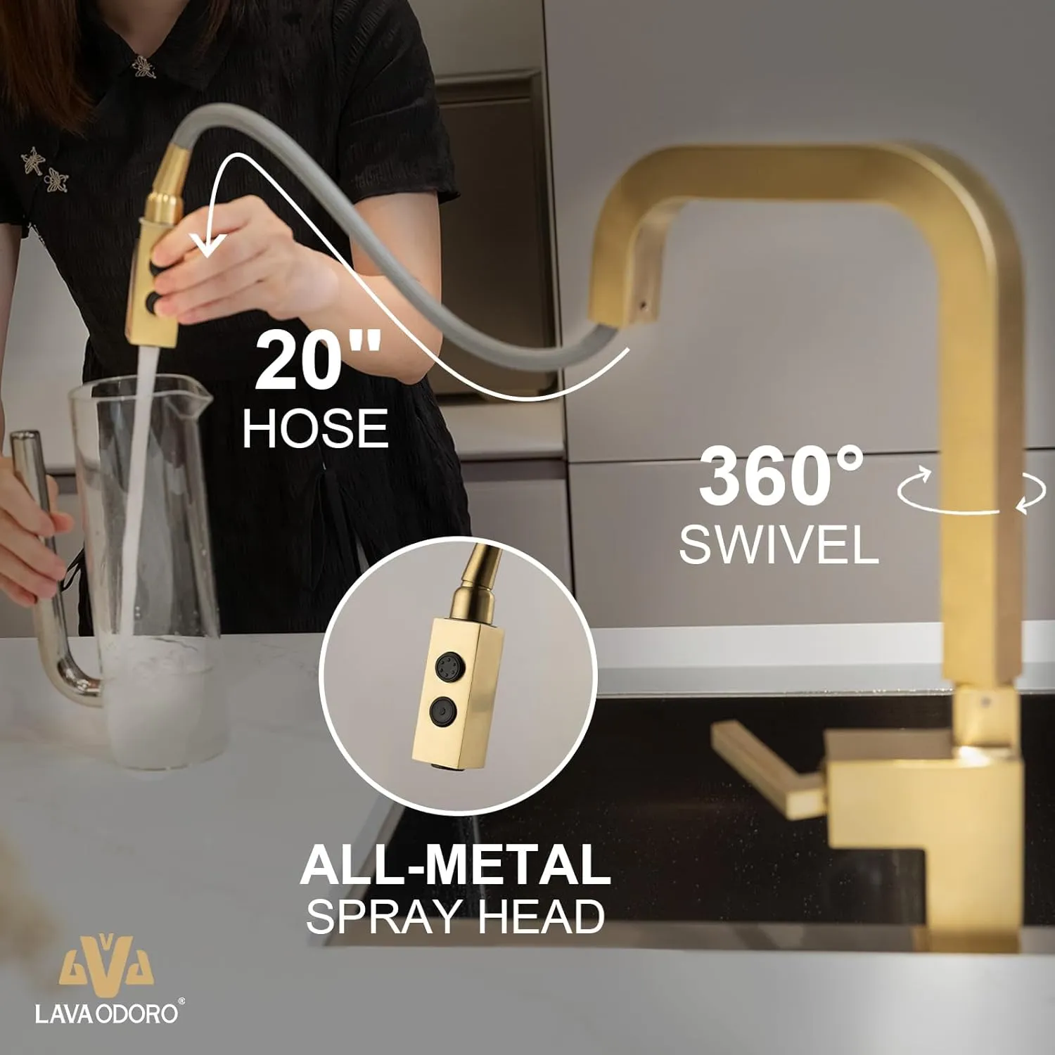 Brushed Gold Kitchen Faucet with Pull Down Sprayer, Lava Odoro Gold Single Handle Kitchen Sink Faucet, Gold Faucet for Kitchen Sink with Magnetic Docking Spray Head, Deck Plate, KF182-SG