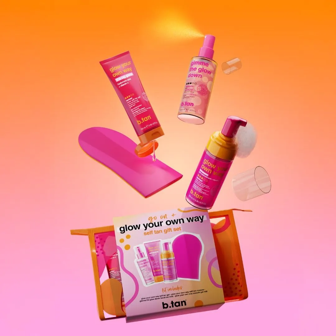 b.tan Clear Self Tanning Gel Travel Size Kit | Glow Your Own Way Gift Set - Includes Mini Dark Fake Tanner Mousse, Gradual Bronzing Face Mist, Express Transfer Free Tan Gel, & Applicator Mitt