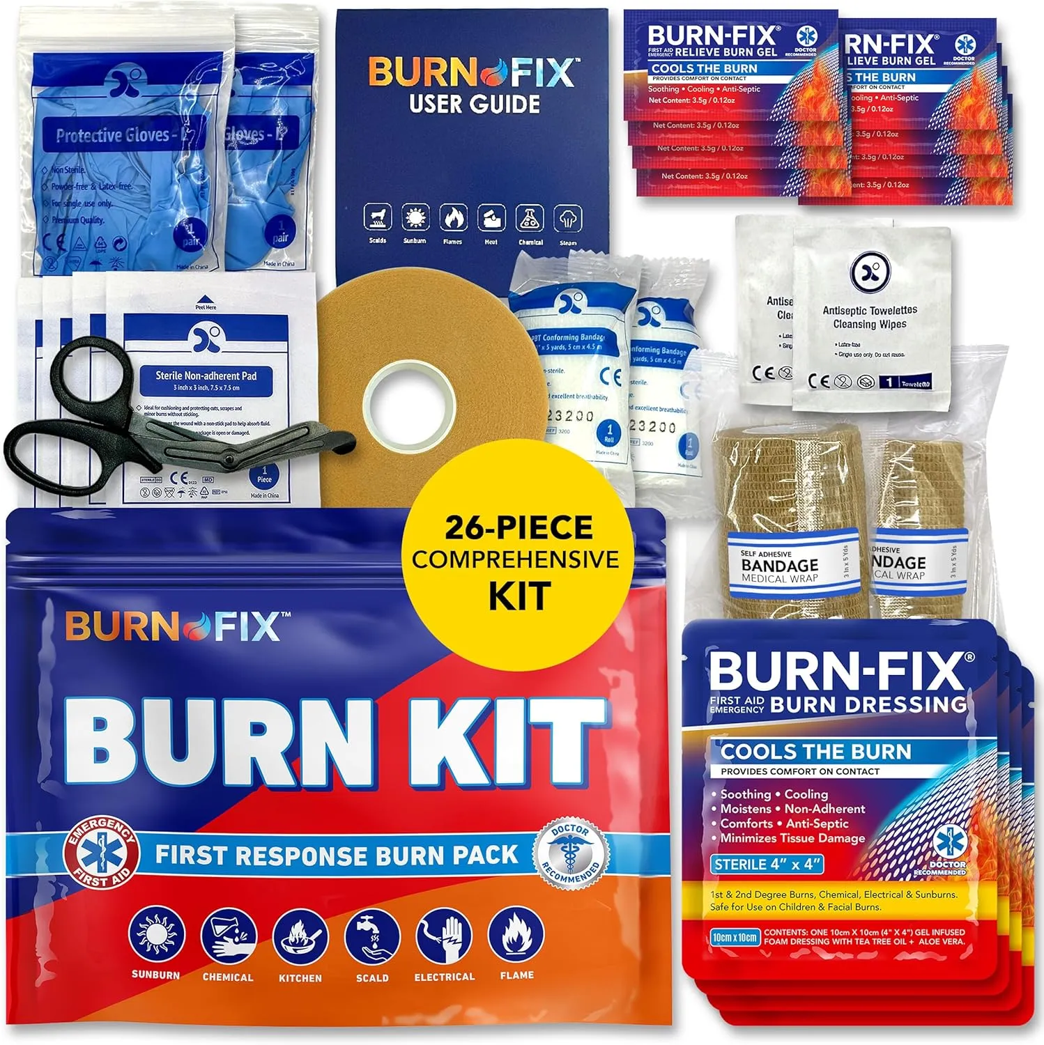 BurnFix Burn Kit First Aid Recommended by Doctors, Comprehensive 25pcs First Aid Kit Includes First Aid Burn Cream, Burn Dressing, Gloves, Scissors, Wipes Burn Relief - Sunburn, Flame Burn, Burn Care