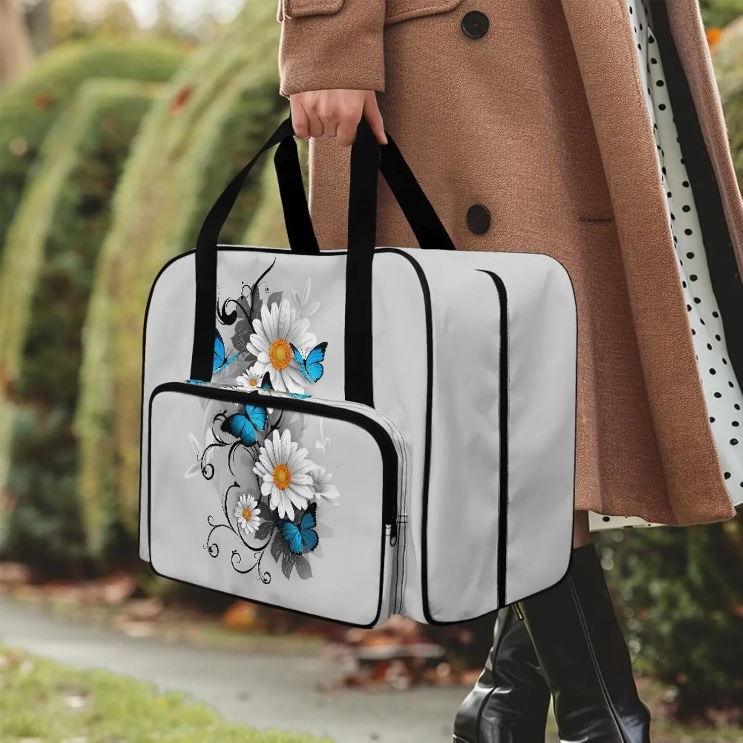 Butterfly Daisy Sewing Machine Carrying Case Protector Travel Bag Organizer with Multiple Storage Pockets Portable Sewing Case Fits for Most Standard Sewing Machines
