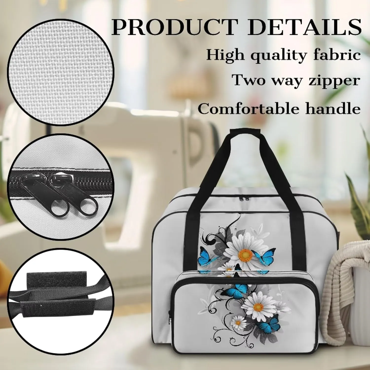 Butterfly Daisy Sewing Machine Carrying Case Protector Travel Bag Organizer with Multiple Storage Pockets Portable Sewing Case Fits for Most Standard Sewing Machines