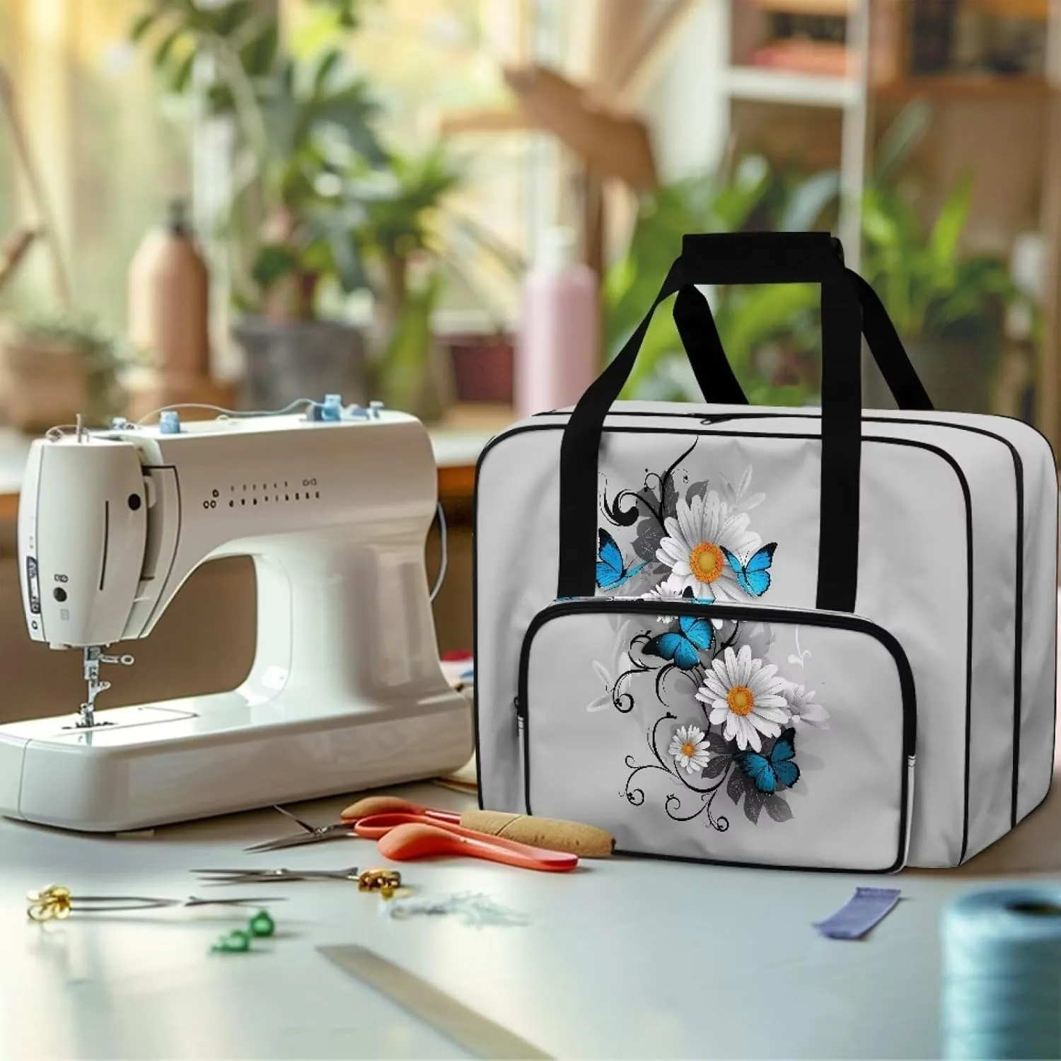 Butterfly Daisy Sewing Machine Carrying Case Protector Travel Bag Organizer with Multiple Storage Pockets Portable Sewing Case Fits for Most Standard Sewing Machines