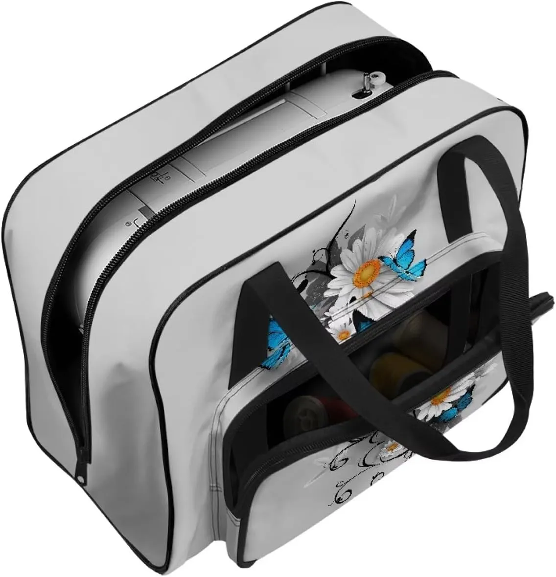 Butterfly Daisy Sewing Machine Carrying Case Protector Travel Bag Organizer with Multiple Storage Pockets Portable Sewing Case Fits for Most Standard Sewing Machines