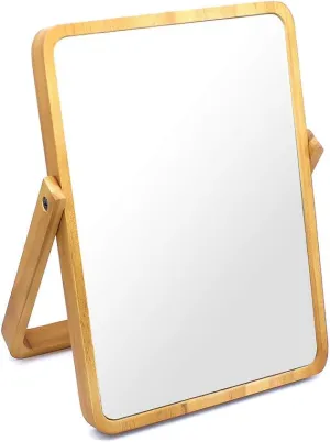 Buwico Rectangle Standing Vanity Makeup Mirror, Wood Frame, 10.2"L x 7.3"W, Modern Style, Tabletop Mount, Bathroom & Home Decor