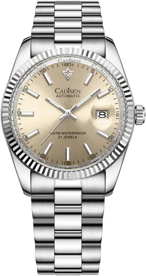 CADISEN New Men's Automatic Mechanical Watch, Japan 8215 Movement with Transparent Bottom, 100 Meter Waterproof, Night Fluorescent, Men's Stainless Steel Fashion Casual Watch, c8214