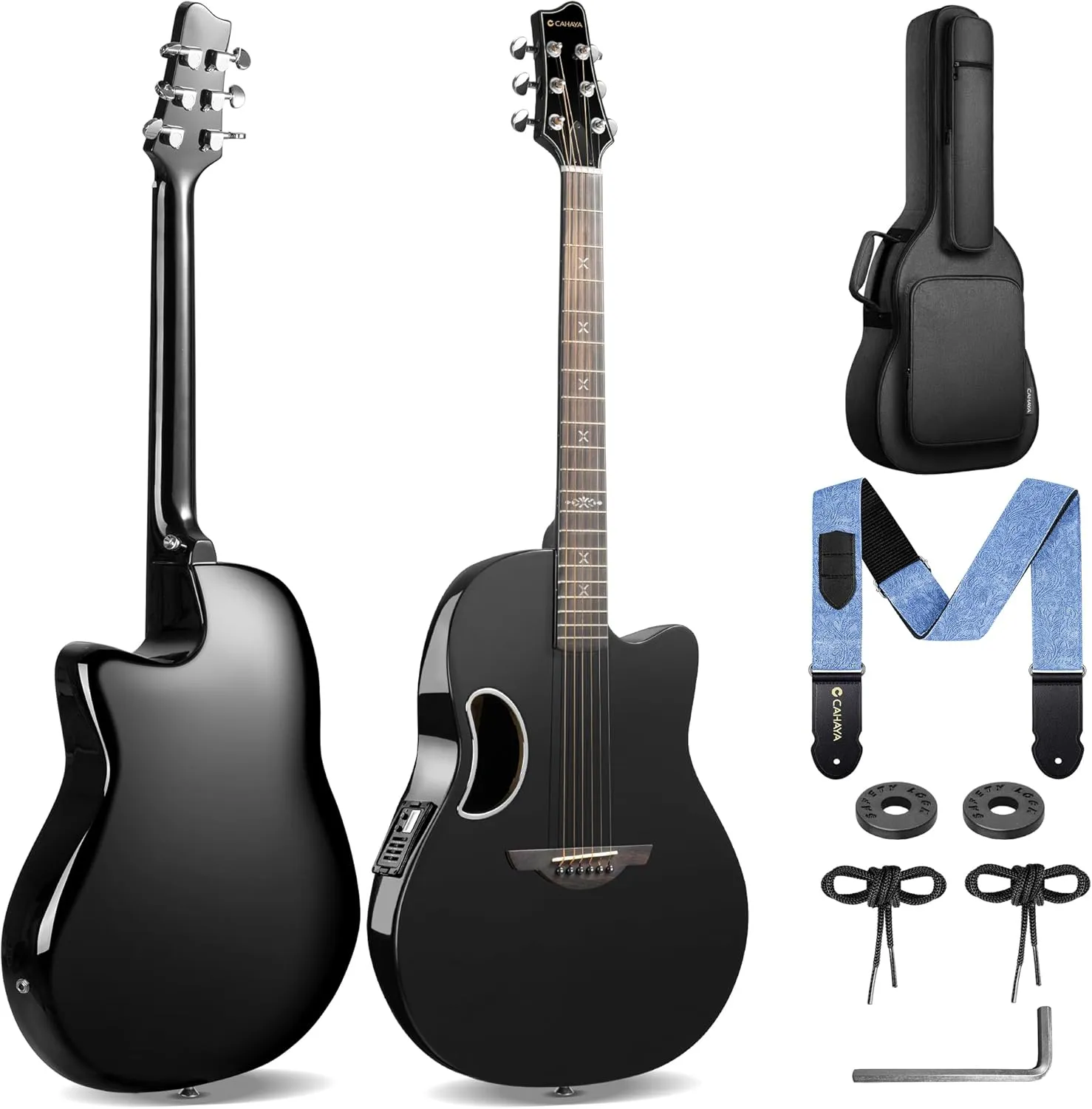 CAHAYA Acoustic Electric Guitar Kit - 41” Carbon Fiber Adult Beginner Set with Padded Bag and Strap Built-In Pickup Rich Resonance & Warm Tone for Performance Ready, High-Gloss Black Finish