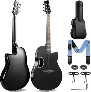 CAHAYA Acoustic Electric Guitar Kit - 41” Carbon Fiber Adult Beginner Set with Padded Bag and Strap Built-In Pickup Rich Resonance & Warm Tone for Performance Ready, High-Gloss Black Finish