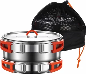 Camping Cooking Set,Camping Cookware Set,304 Stainless Steel Camping Pots and Pans Set, Includes Pot Nonstick Frying Pan Kettle in Mesh Bag for Hiking Outdoor Cooking Backpacking for 1-2 People