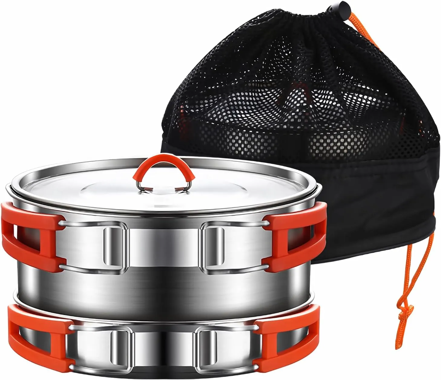 Camping Cooking Set,Camping Cookware Set,304 Stainless Steel Camping Pots and Pans Set, Includes Pot Nonstick Frying Pan Kettle in Mesh Bag for Hiking Outdoor Cooking Backpacking for 1-2 People