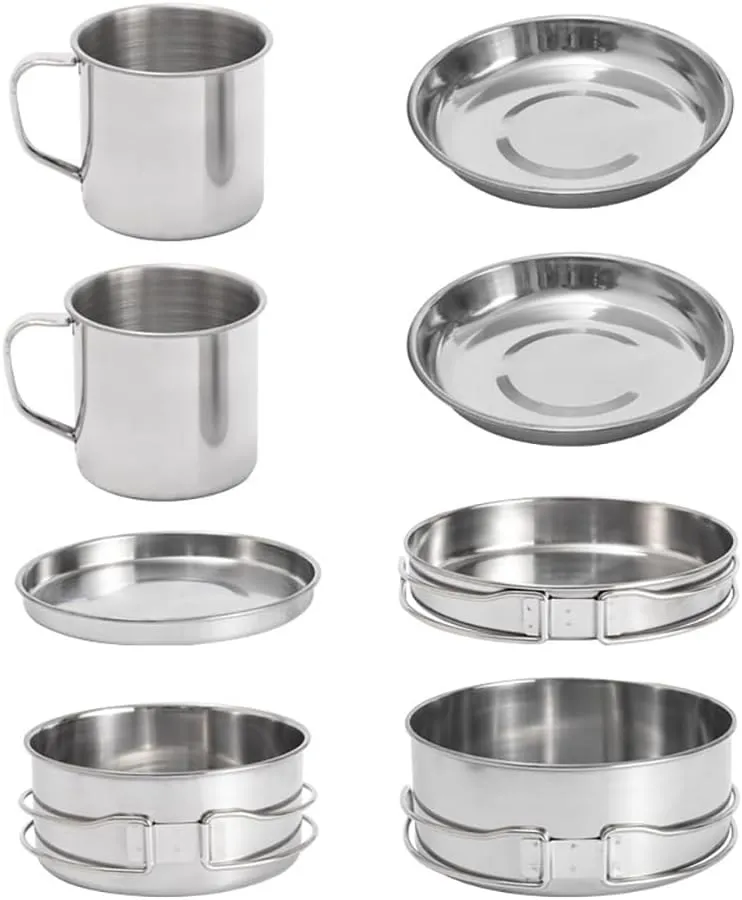 Camping Cookware, 8PCS Camping Cookware Mess Kit, Mini Picnic Camping Cooking Mess Kit with Pot/Pan/Cups, Stainless Steel Cookware Kit for Outdoor Camping Backpacking Hiking Silver