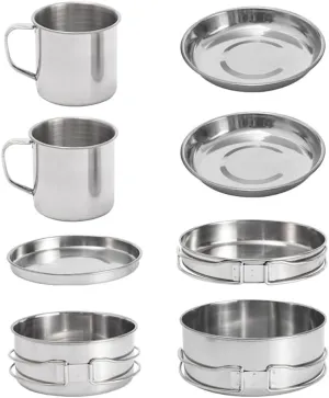 Camping Cookware, 8PCS Camping Cookware Mess Kit, Mini Picnic Camping Cooking Mess Kit with Pot/Pan/Cups, Stainless Steel Cookware Kit for Outdoor Camping Backpacking Hiking Silver