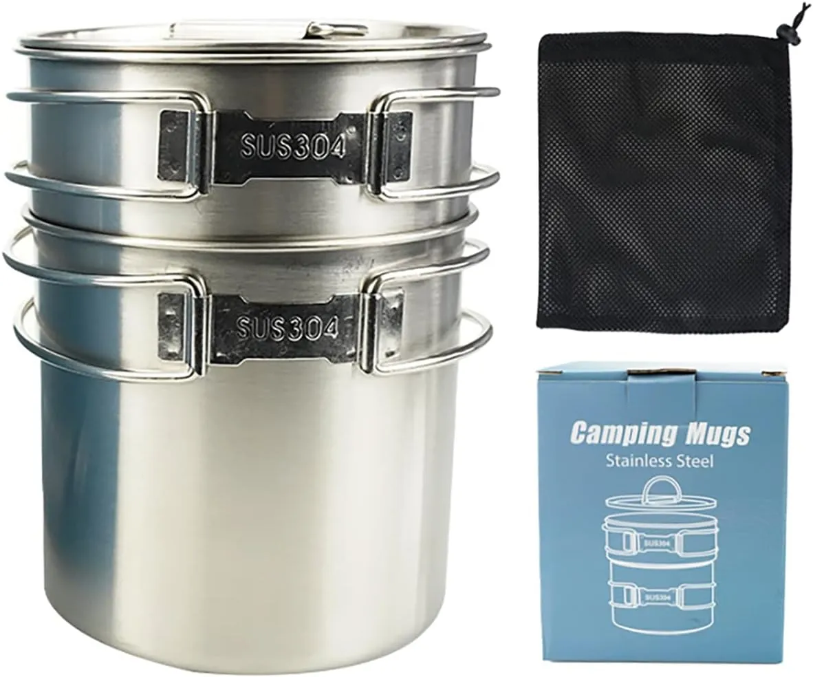 Camping Cups and Mugs Pot 2Pcs -304 Food Grade Stainless Steel - Outdoor Cookware Set with Vented Lid -33oz Big 24oz Small for Backpacking Picnic Hiking