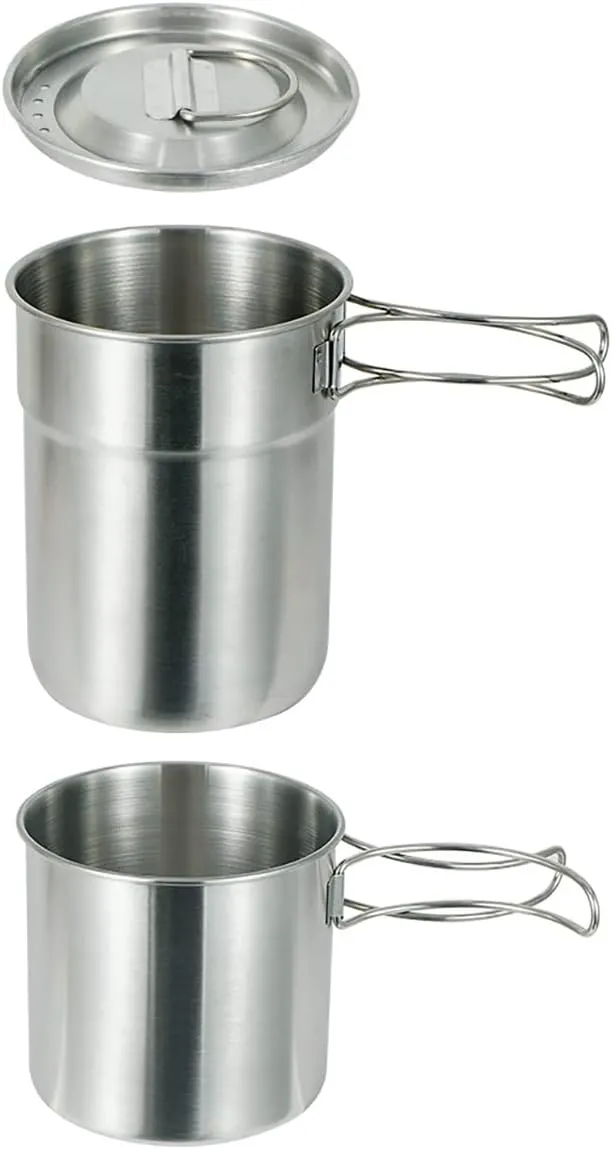 Camping Cups and Mugs Pot 2Pcs -304 Food Grade Stainless Steel - Outdoor Cookware Set with Vented Lid -33oz Big 24oz Small for Backpacking Picnic Hiking