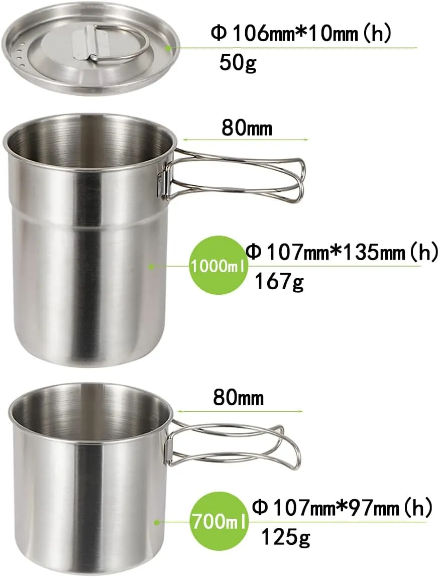 Camping Cups and Mugs Pot 2Pcs -304 Food Grade Stainless Steel - Outdoor Cookware Set with Vented Lid -33oz Big 24oz Small for Backpacking Picnic Hiking