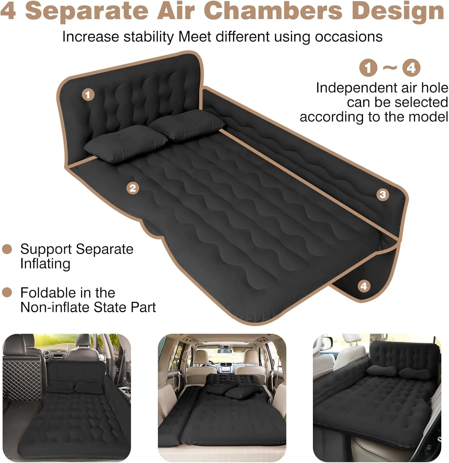 Car Air Mattress Back Seat Inflatable Bed - Inflatable Thickened and Double SUV Air Mattress with Air Pump Portable Foldable Car Bed for Home Car Travel Camping-Black