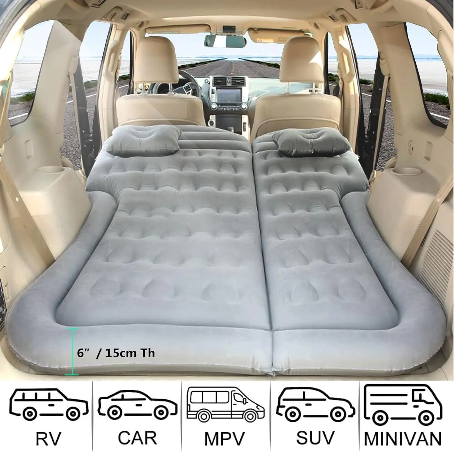 Car Air Mattress for Honda Element 2003-2011, Trunk Rear Seat Inflatable Thickened Flocking Travel Camping Bed, Air Pump 2 Pillows,Black