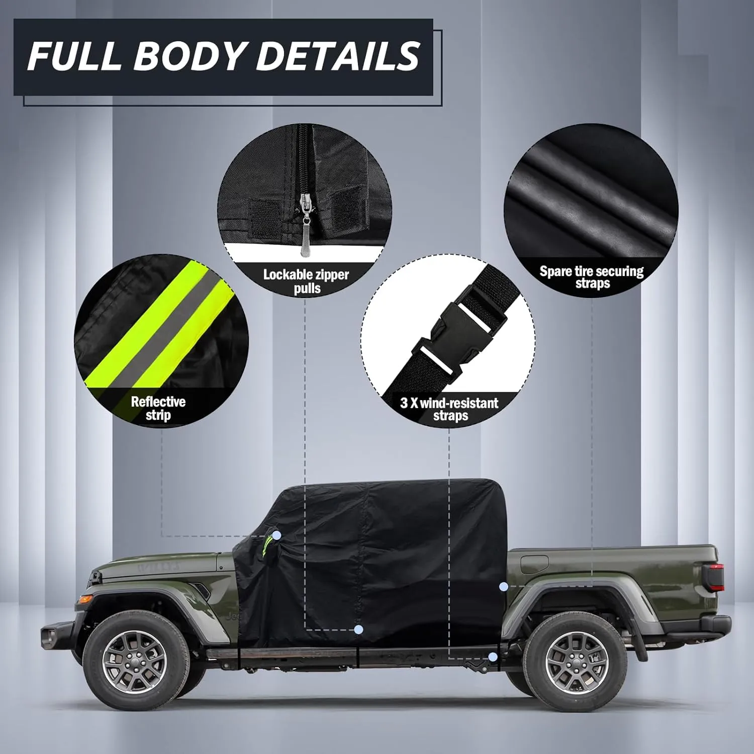 Car Cab Cover for Jeep Gladiator 2020-2025, Jeep Wrangler Covers 4 Door Waterproof with Driver Door Zipper Windproof Straps All Weather Snow Rain UV Protection