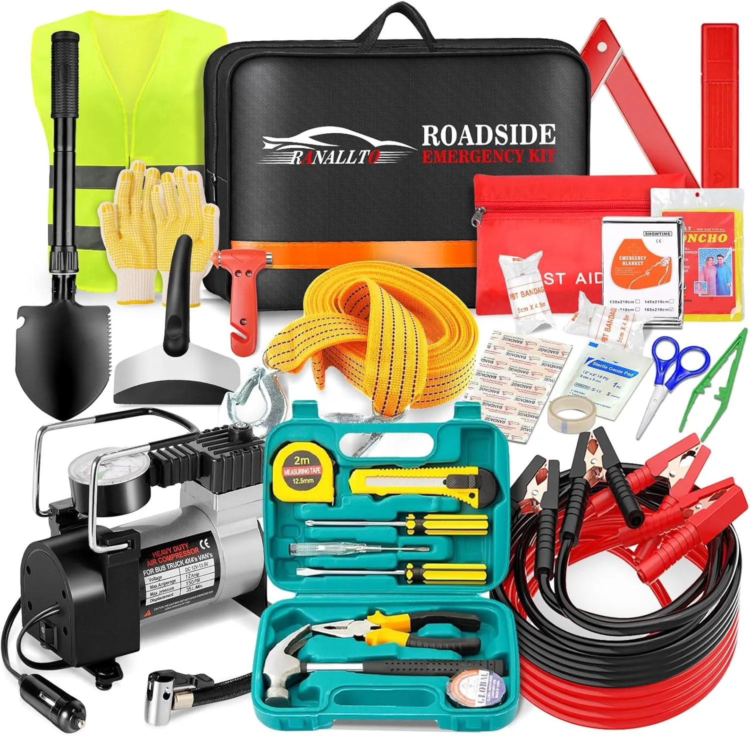 Car Emergency Roadside Kit,Vehicles Truck Road Side Safety Tool Kit with Air Compressor,Women Men Auto Winter Essentials Assistance Survival Kit with Jumper Cables First Aid Kit Blanket Shovel