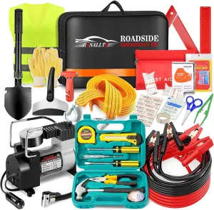 Car Emergency Roadside Kit,Vehicles Truck Road Side Safety Tool Kit with Air Compressor,Women Men Auto Winter Essentials Assistance Survival Kit with Jumper Cables First Aid Kit Blanket Shovel