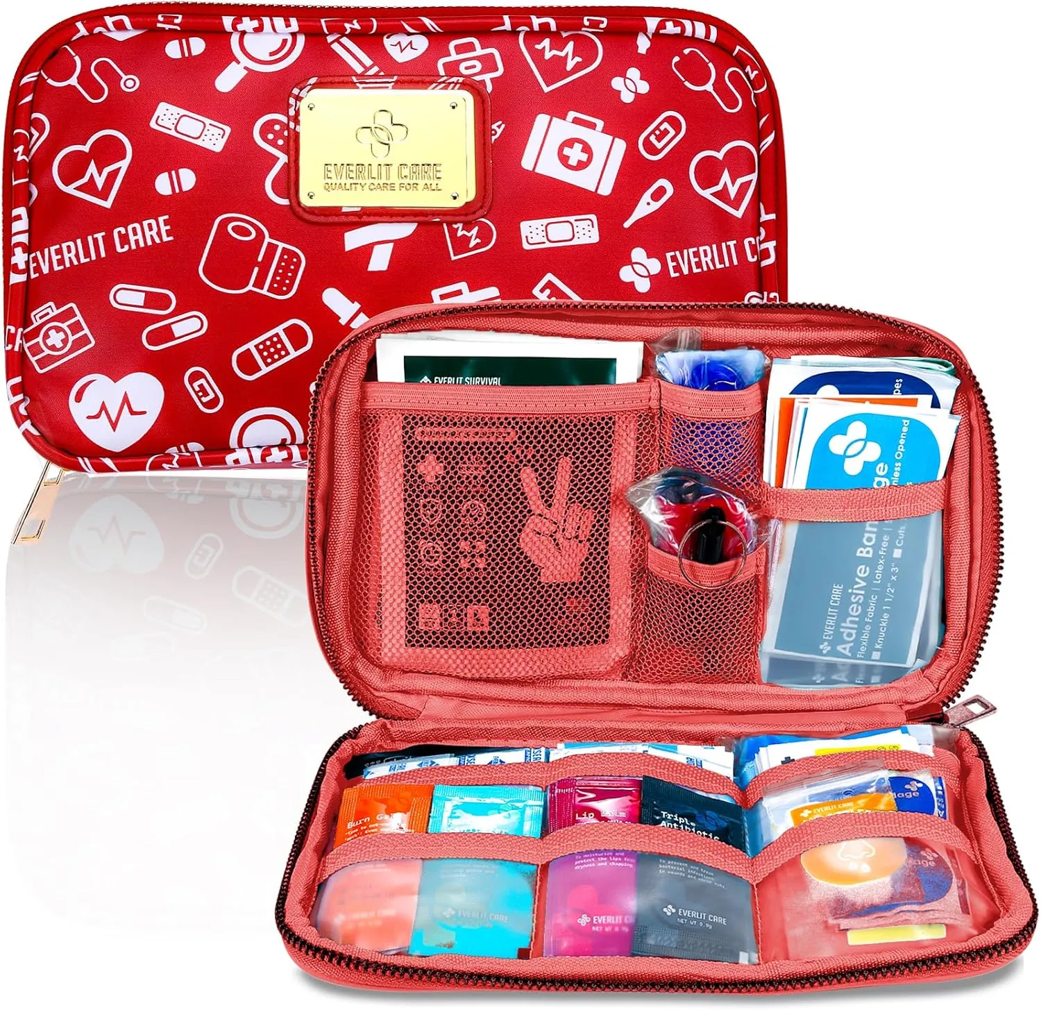 Car First Aid Kit Sun Visor Multi-Pocket Visor Organizer Storage Pouch with Survival Emergency Tools Including Window Breaker Disposable Urine Bag for Family Travel in Cars (RedMed)