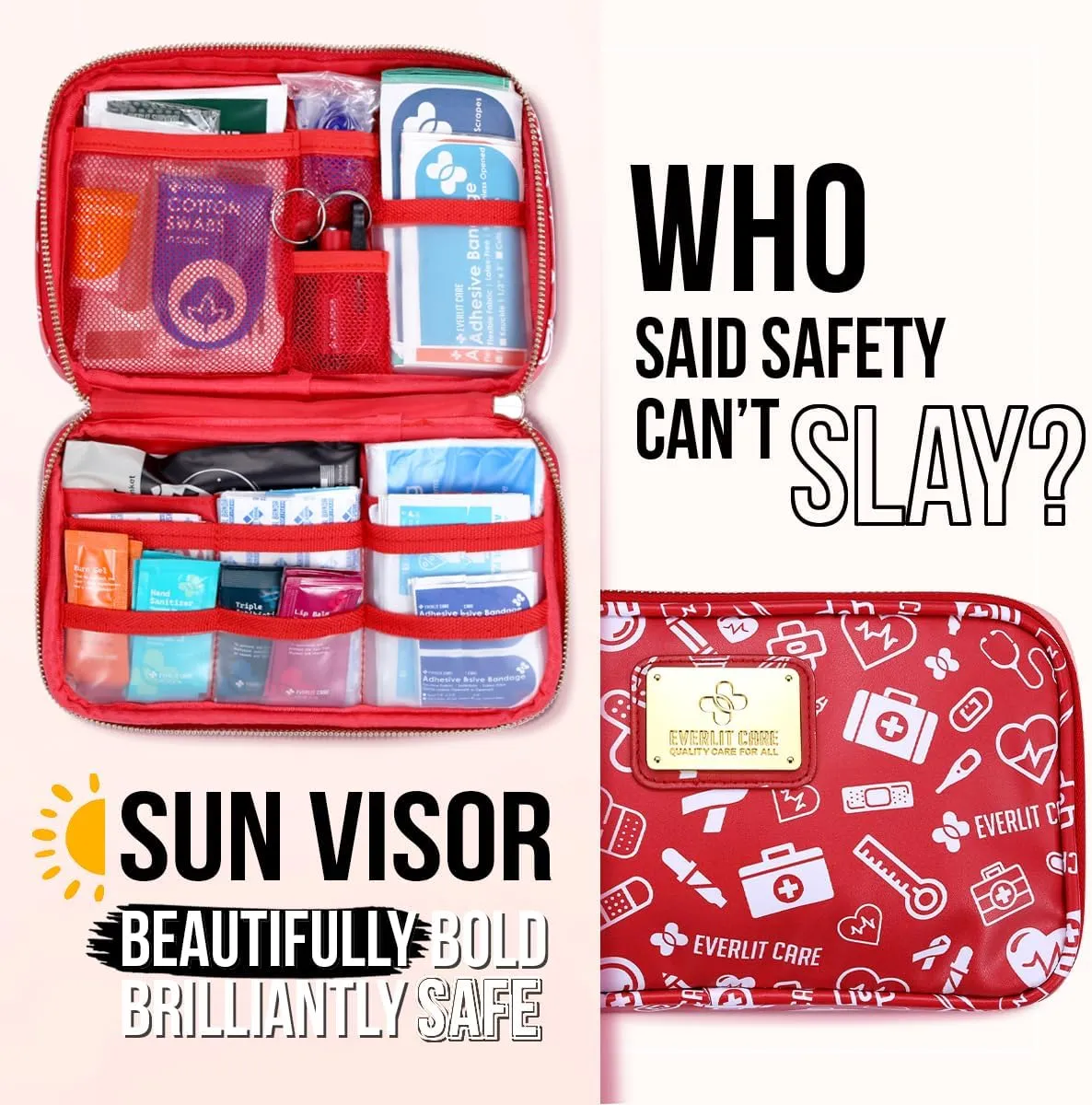 Car First Aid Kit Sun Visor Multi-Pocket Visor Organizer Storage Pouch with Survival Emergency Tools Including Window Breaker Disposable Urine Bag for Family Travel in Cars (RedMed)
