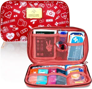 Car First Aid Kit Sun Visor Multi-Pocket Visor Organizer Storage Pouch with Survival Emergency Tools Including Window Breaker Disposable Urine Bag for Family Travel in Cars (RedMed)