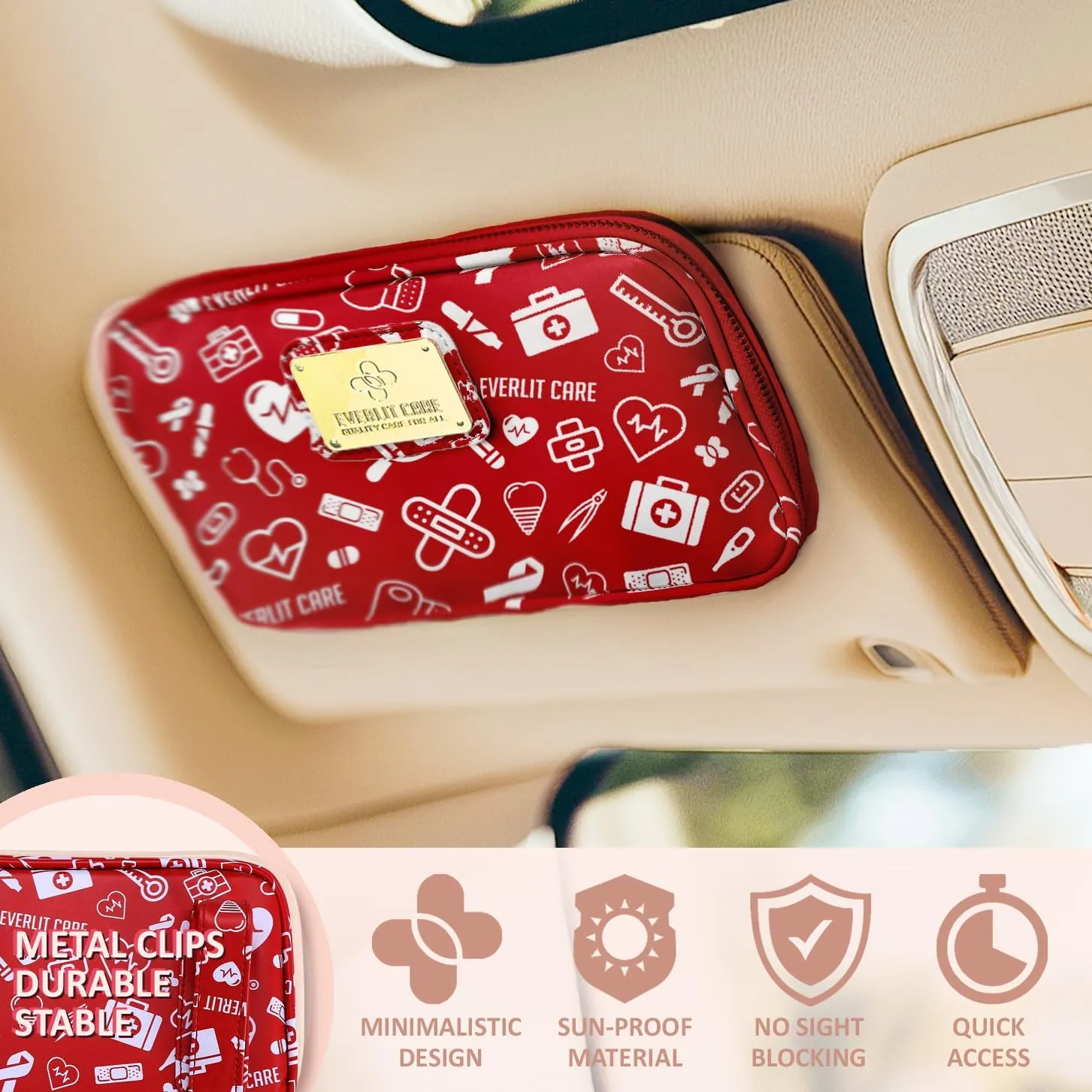 Car First Aid Kit Sun Visor Multi-Pocket Visor Organizer Storage Pouch with Survival Emergency Tools Including Window Breaker Disposable Urine Bag for Family Travel in Cars (RedMed)