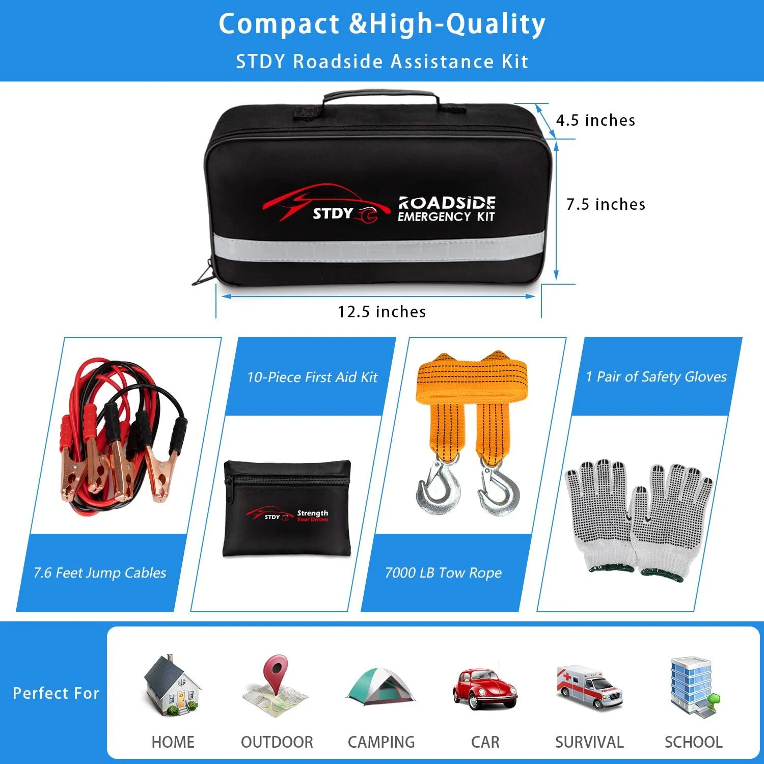 Car Roadside Emergency Kit, Vehicle Truck Safety Road Side Assistance Kits Auto Accessory, with Jumper Cables, First Aid Kit, Tow Rope, Reflective Triangle, Tire Pressure Gauge, etc