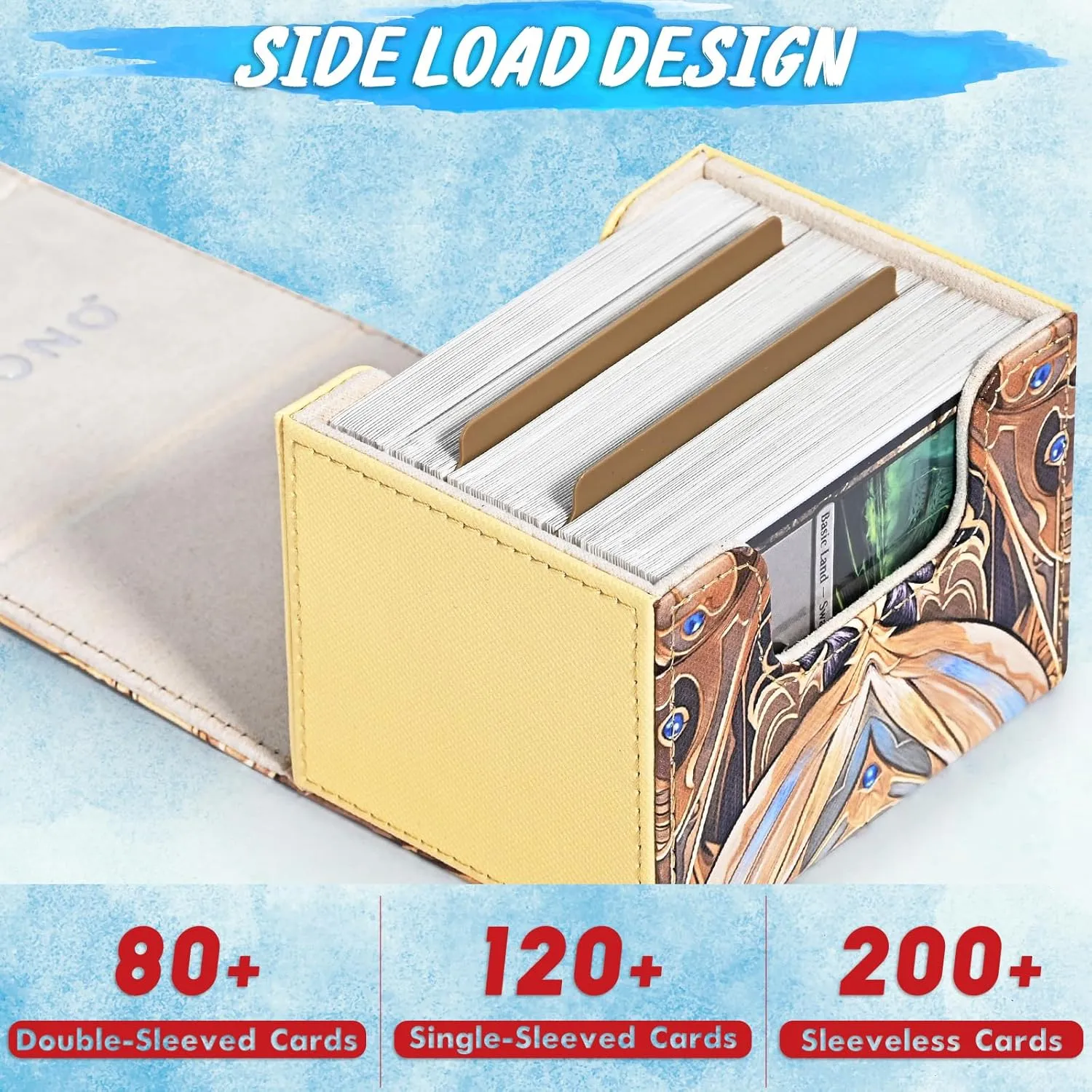 Card Deck Box for Yugioh, Trading Card Storage Box Holds 120  Sleeved Commander Deck, PU Leather Suits TCG Magic Cards with 2 Dividers (Light Yellow,Puzzle)