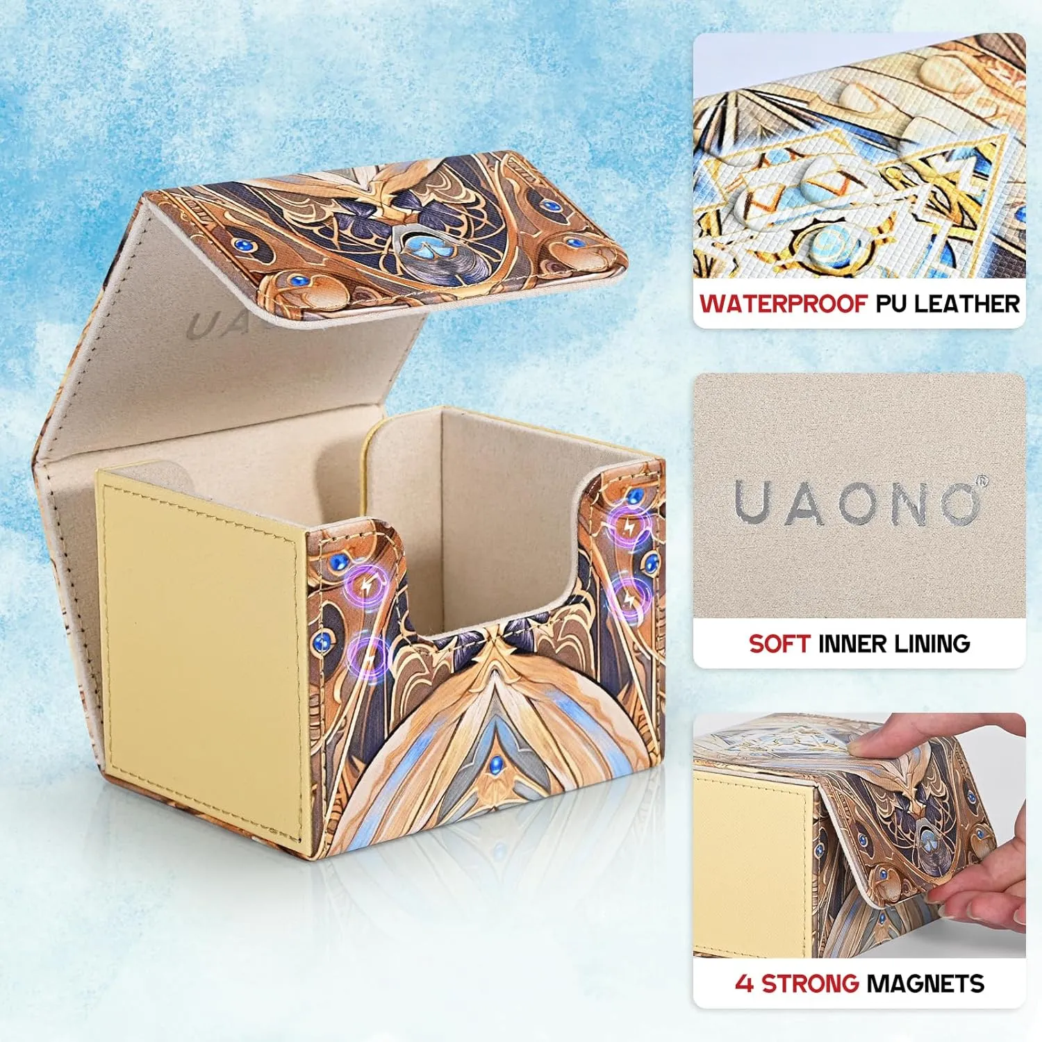 Card Deck Box for Yugioh, Trading Card Storage Box Holds 120  Sleeved Commander Deck, PU Leather Suits TCG Magic Cards with 2 Dividers (Light Yellow,Puzzle)