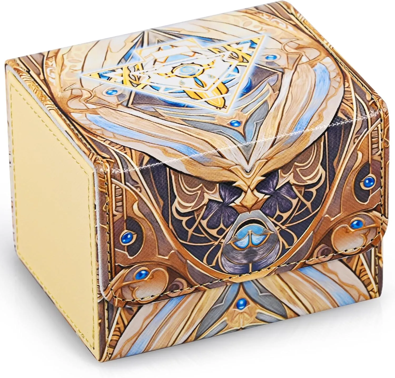 Card Deck Box for Yugioh, Trading Card Storage Box Holds 120  Sleeved Commander Deck, PU Leather Suits TCG Magic Cards with 2 Dividers (Light Yellow,Puzzle)