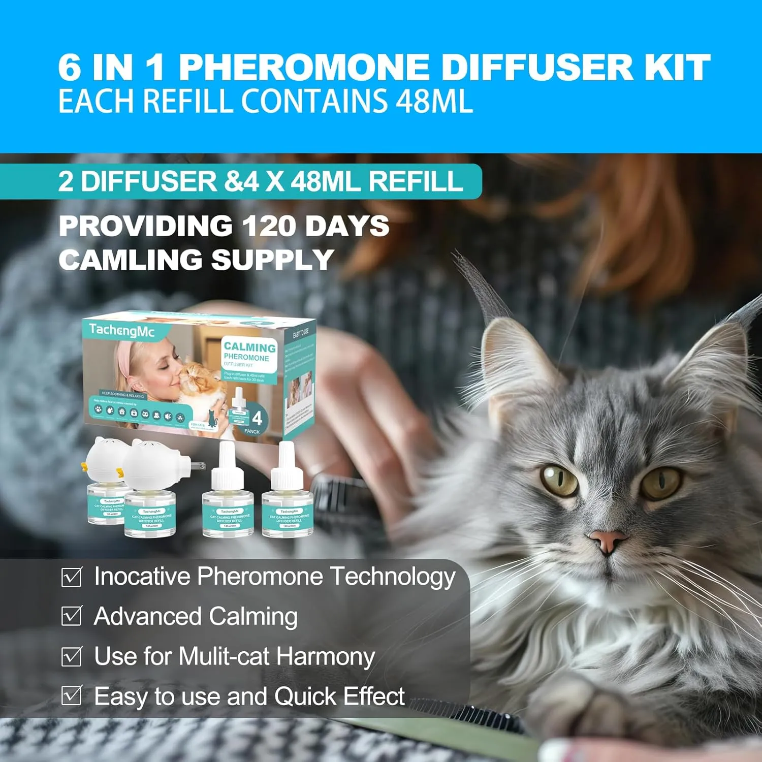 Cat Calming Diffuser, Cat Pheromones Calming Diffuser with 2 Diffuser   4 Refill 48ml, 6-in-1 Cat Anxiety Relief Cat Pheromone Diffuser Kit 120 Days, Pheromone Diffuser to Calm Cats