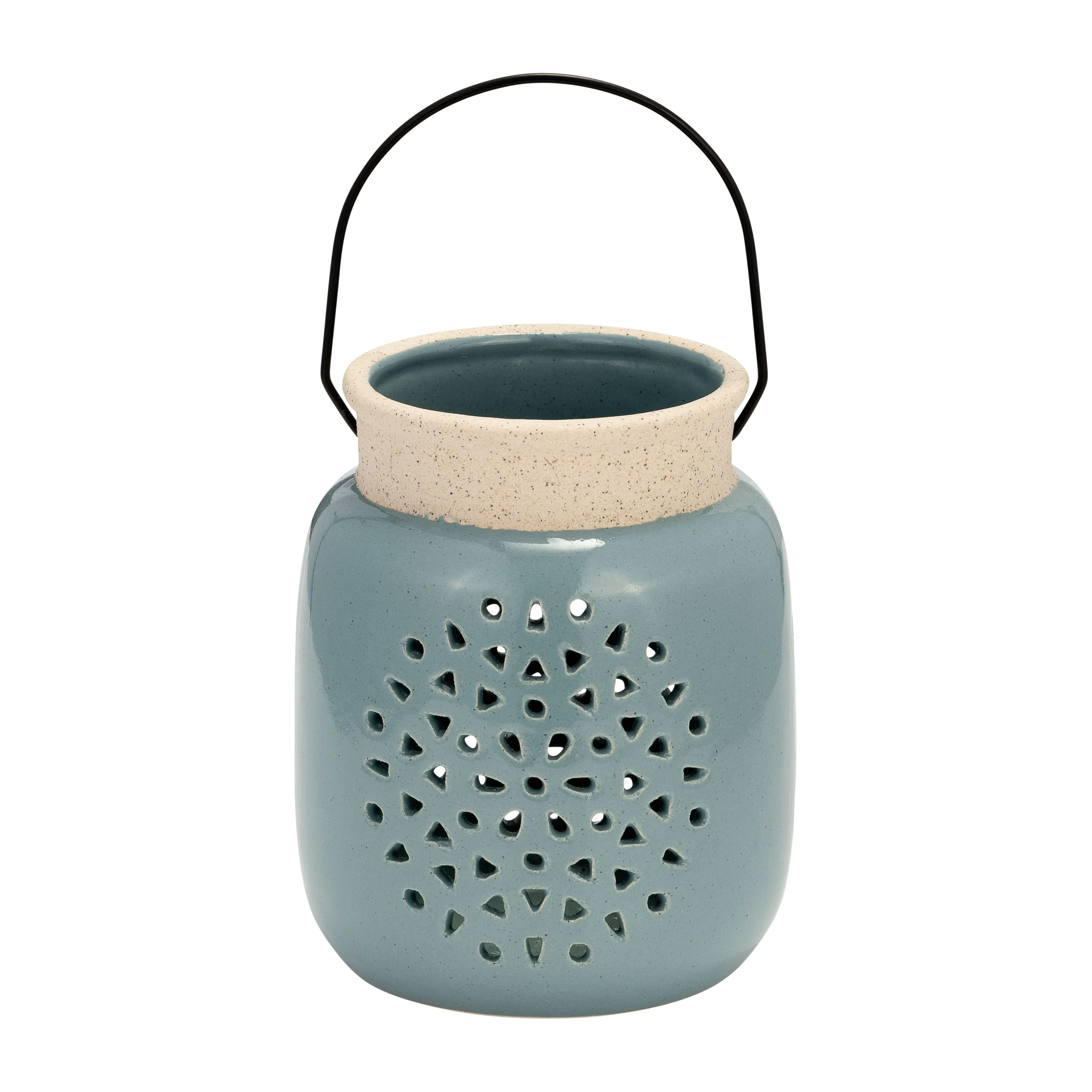 Ceramic 6" Flower Cut Out Lantern Cameo Blue