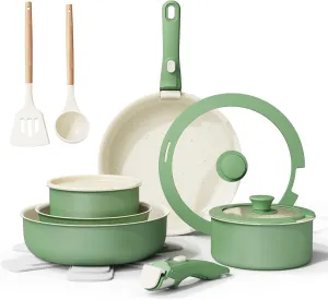 Ceramic Nonstick Cookware Set, Healthy,Non Toxic,17-Pieces Pots and Pans Set Removable Handles,Induction RV Kitchen Set,Stain & Scratch-resistant,Dishwasher/Oven Safe,PFAS/PFOA Free,Green