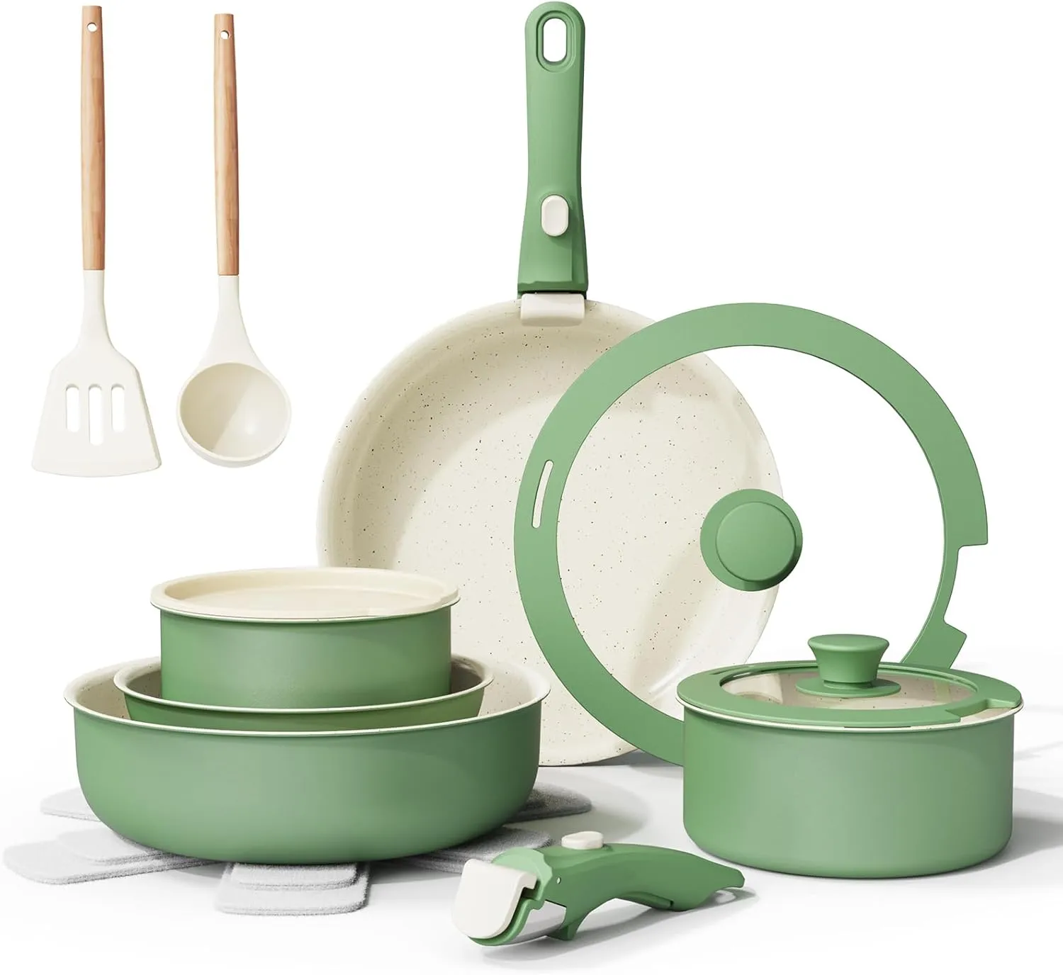 Ceramic Nonstick Cookware Set, Healthy,Non Toxic,17-Pieces Pots and Pans Set Removable Handles,Induction RV Kitchen Set,Stain & Scratch-resistant,Dishwasher/Oven Safe,PFAS/PFOA Free,Green