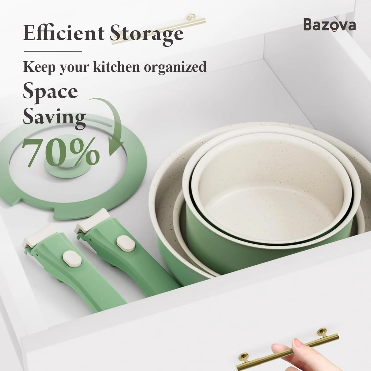 Ceramic Nonstick Cookware Set, Healthy,Non Toxic,17-Pieces Pots and Pans Set Removable Handles,Induction RV Kitchen Set,Stain & Scratch-resistant,Dishwasher/Oven Safe,PFAS/PFOA Free,Green