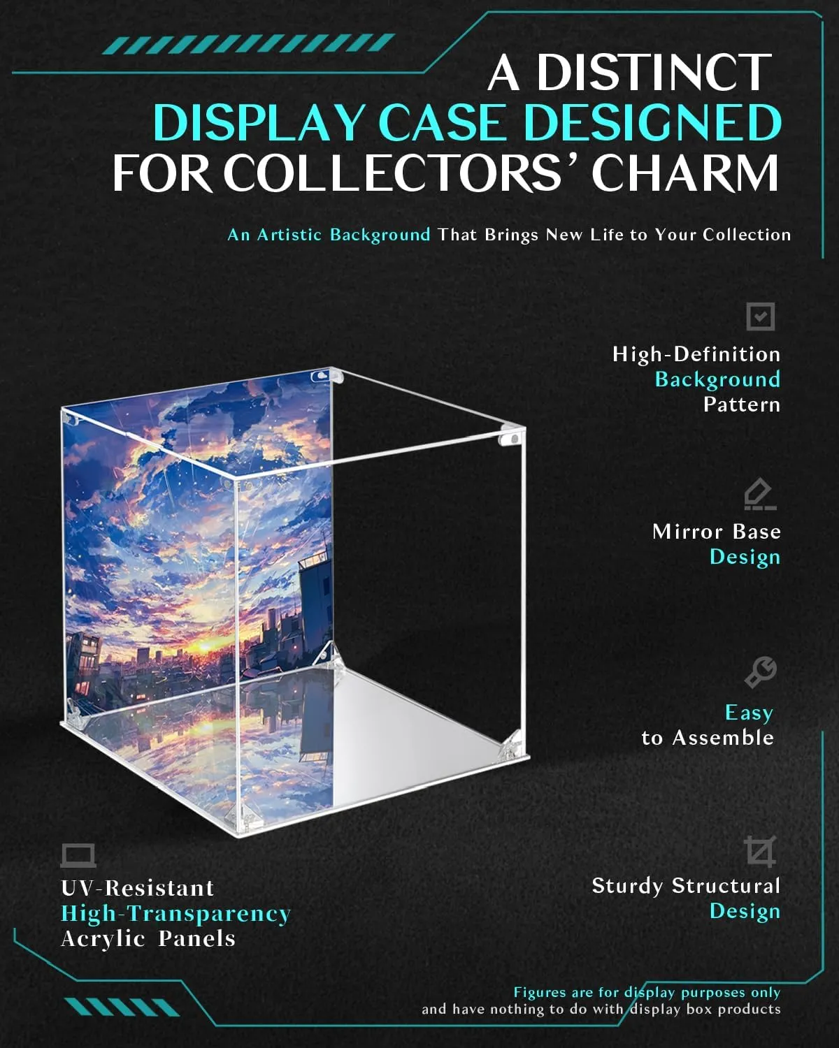 CHILLCASE UV Printed Background Acrylic Display Case with Mirror Base Anime Scene Clear Display Box Stand for Collectible Showcase for Action Figures Models PVC（Cyberpunk,5.9×5.9×9.8 inch