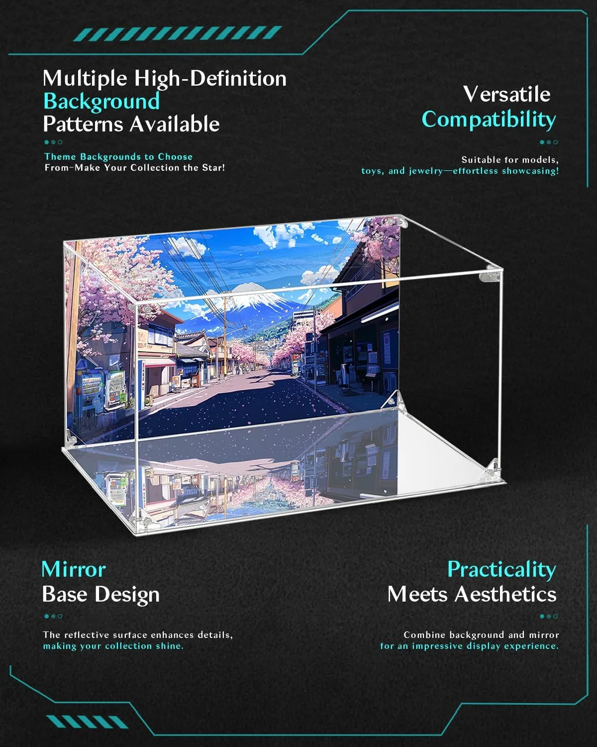 CHILLCASE UV Printed Background Acrylic Display Case with Mirror Base Anime Scene Clear Display Box Stand for Collectible Showcase for Action Figures Models PVC（Cyberpunk,5.9×5.9×9.8 inch