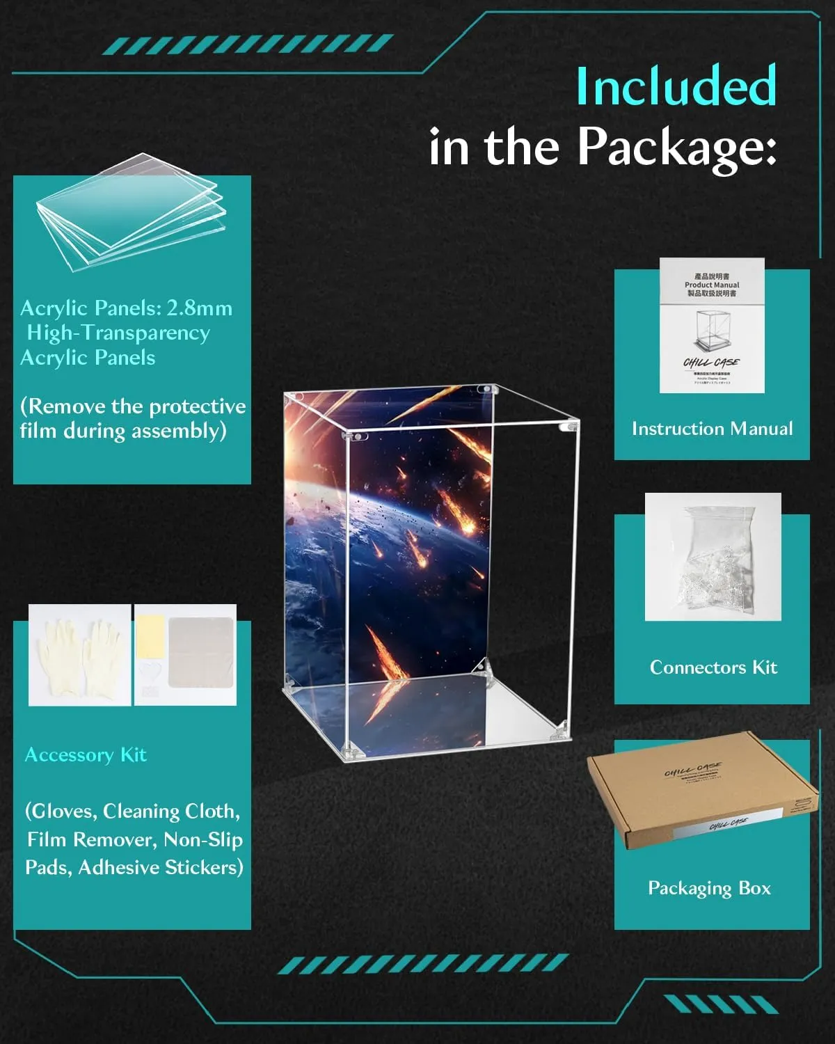 CHILLCASE UV Printed Background Acrylic Display Case with Mirror Base Anime Scene Clear Display Box Stand for Collectible Showcase for Action Figures Models PVC（Cyberpunk,5.9×5.9×9.8 inch